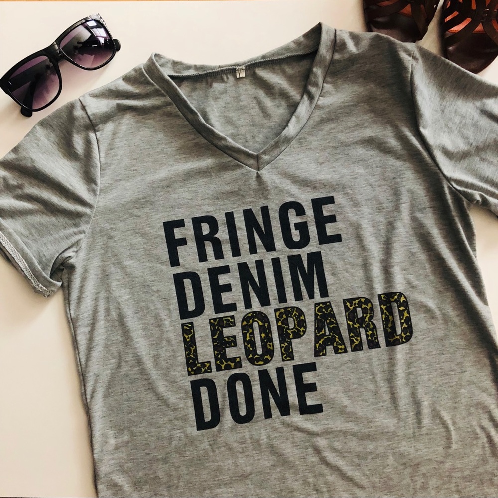Fringe Denim Leopard Done - Trendy T-Shirt Gray lg